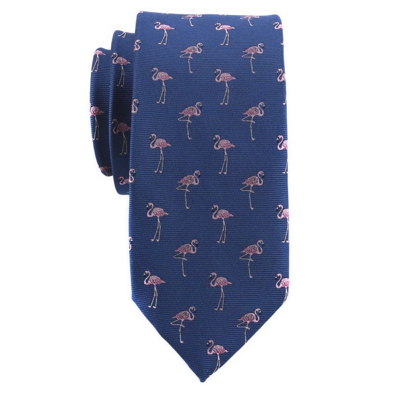 Secdtie Mens Navy Blue Self Cravat Novelty Tie Silk Red-crowned Crane Design Animal Skinny flamingos Necktie Gift for Husband - Image 2